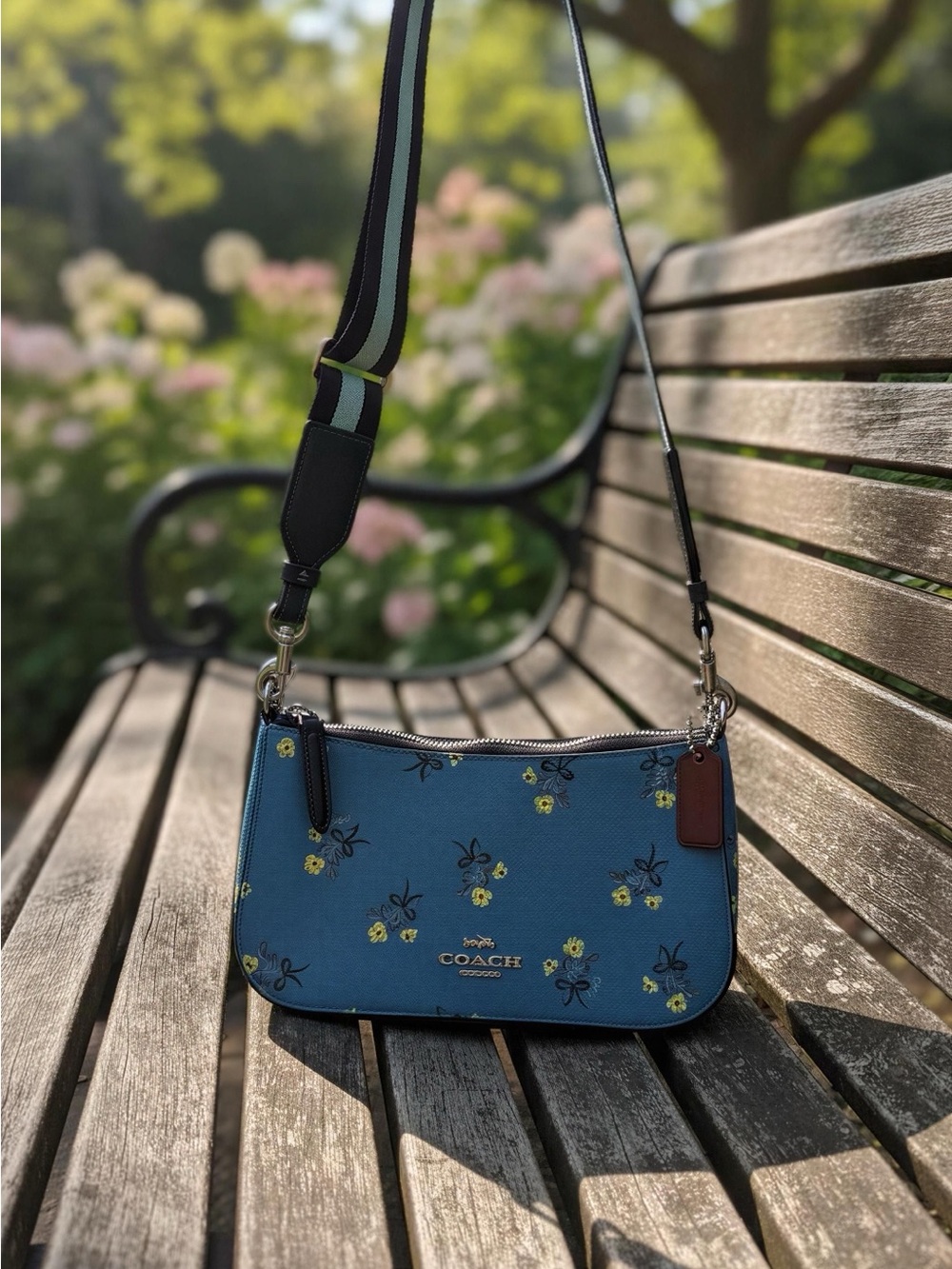 Coach Blue Floral Crossbody with Striped Adjustable Strap